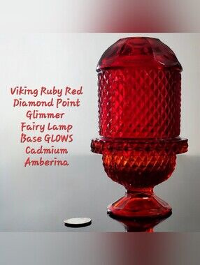 Viking Glimmer Diamond Point Fairy Lamp Ruby Red & Cadmium Amberina Base GLOWS